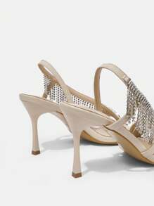 SheIn Belle Women's Fashionable Round-Toe Rhinestone High Heel Sandals With Thin Heel - Beige - View 3