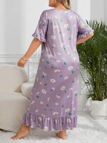 大码女式花卉印花荷叶边睡衣裙，长裙，Moo Moo