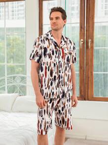 Men's Feather Pattern Printed Short Sleeve And Shorts Homewear Set - Black and White - View 4