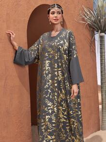 Al Najma Ladies' Arabian Floral Print Long Sleeve Long Shirt Kaftan Jalabiya Dress - Purple - View 1