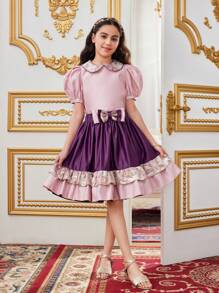 SHEIN Tween Girl Jacquard Turn-Down Collar Puff Sleeve Shirt And Colorblock A-Line Skirt Two-Piece Set