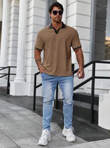 Manfinity Homme Camisa Polo Para Hombre De Talla Grande Con Bloques De Color Y Calados - Caqui - Ver 5