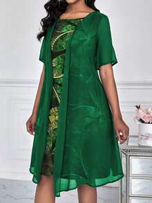 SHEIN Lady Váy voan nửa trong in thực vật xuyên qua vải tay ngắn bên trong-bên ngoài Váy 2 trong 1 - Màu xanh lá cây đậm - Xem 5