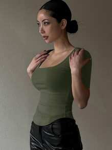 DAZY Women's Solid Color Big Round Neck T-Shirt - Army Green - View 3