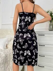 Butterfly Pattern Sleeveless Spaghetti Strap Pajama Night Dress - Black and White - View 2