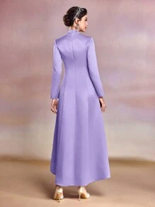 Modelyn Của phụ nữ Đứng cổ áo Ả Rập Phong cách Đầm Với Đồ trang trí Rhinestone - Màu tím hoa cà - Xem 2