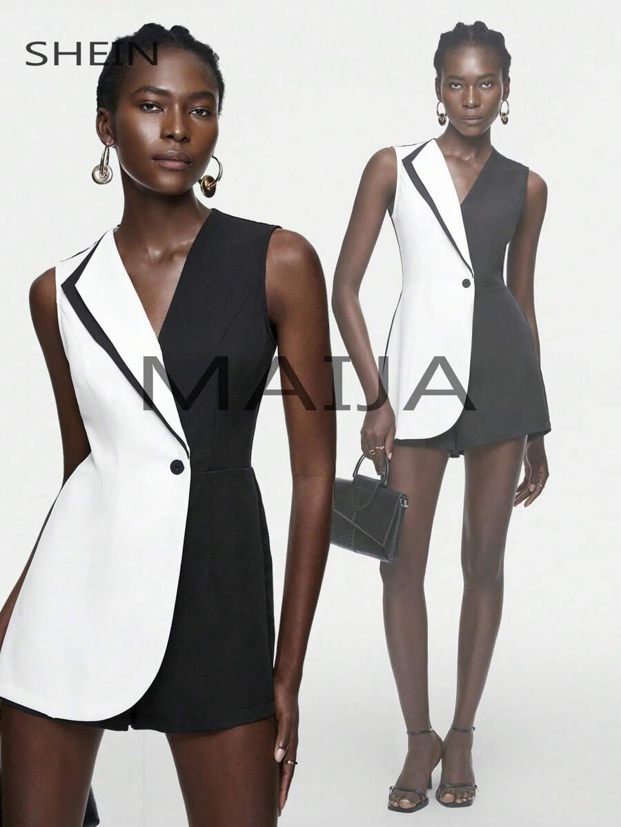 Maija 女士色塊無袖連身褲 - 黑與白 - 查看 1