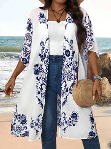 EMERY ROSE Plus Size Women'S Relaxed Fit Casual Jacket With Printed Graphics For Summer Winter Fall Autumn - Blue and White - View 1