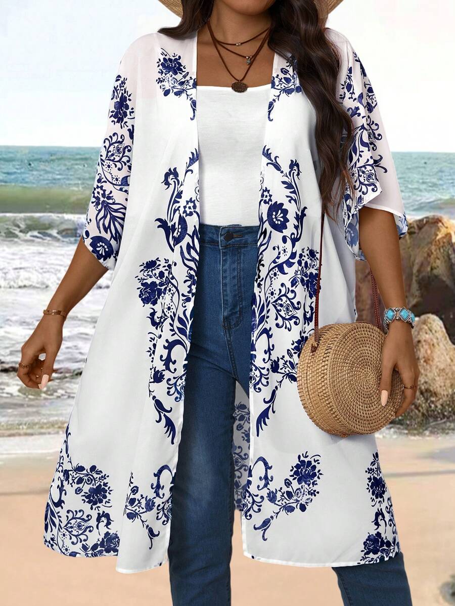 EMERY ROSE Plus Size Women'S Relaxed Fit Casual Jacket With Printed Graphics For Summer Winter Fall Autumn - Blue and White - View 1
