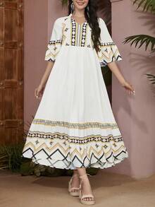 Mulvari Women's Geometric Printed Notched Neckline Dress - White - View 6