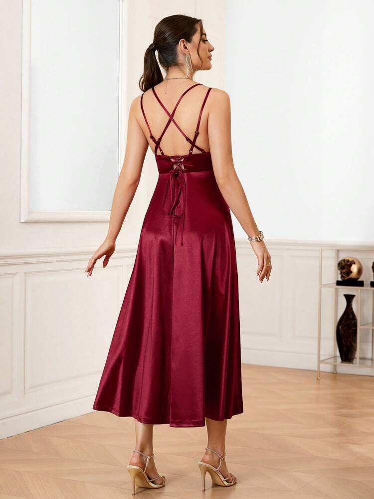 Burgundy Red Women's Solid Color Double Shoulder Strap Camisole Satin Cocktail Dress Formal Dresses For Women, Semi Formal Dress