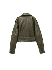 Vintage Distressed Zipper Front Motorcycle Jacket - Army Green - View 2