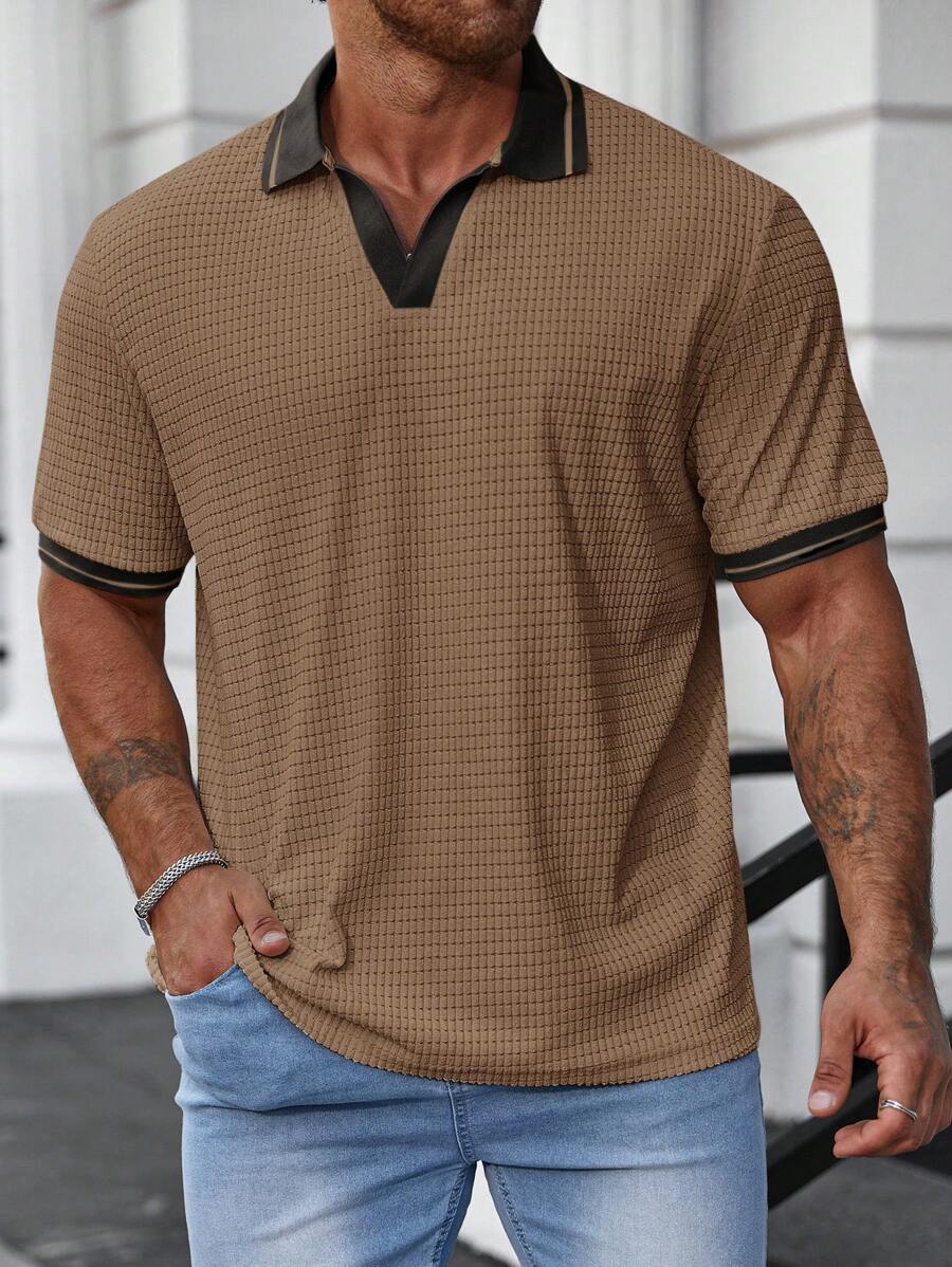 Manfinity Homme Camisa Polo Para Hombre De Talla Grande Con Bloques De Color Y Calados - Caqui - Ver 1