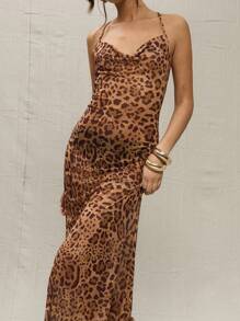 MUSERA 豹纹网纱高领长裙度假夏季动物透视伊比沙岛装扮假日夜店装扮婚礼宾客海滩西部风情之夜婚礼宾客优雅约会之夜秋冬 - 彩色 - 查看 5