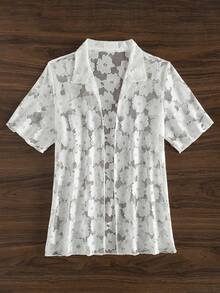 SHEIN Swim 女性花卉網紗短袖和服外套 - 白色 - 查看 8