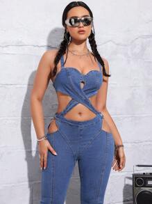 SHEIN ICON Y2k春假音樂節街頭風格性感束縛帶女士丹寧燈籠口連身褲 - 中等水洗藍 - 查看 4