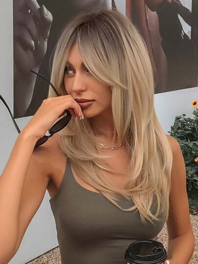 Linneguld Mellanlång Rakt Hår Peruk Med Frans Syntetiskt Hår För Kvinnor Chic Alla Matchade Med Värmebeständigt Naturligt Hår För Vardagliga Cosplay-Fest