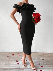 Firerie Women's Off Shoulder Dress With Pleats, Ruffles And A Sense Of Volume