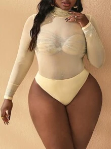 Slaydiva Bodis De Manga Larga De Talla Grande Para Mujer Con Cuello Alto De Malla Y Diamantes De Imitación