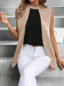 SHEIN LUNE Colorblock Stand Collar Sleeveless Asymmetric Hem Blouse Women Shirt - Apricot - View 3