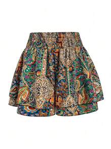 Truni Elyhuante_03 Plus Size Elastic Waistband Paisley Printed Ruffle Hem Shorts, Summer, For Pear Triangle Body Shape