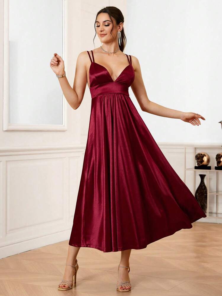 Burgundy Red Women's Solid Color Double Shoulder Strap Camisole Satin Cocktail Dress Formal Dresses For Women, Semi Formal Dress