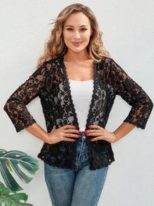 Women's Fashionable Versatile 3/4 Sleeve Lace Jacket - Black - View 5