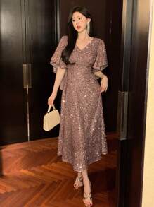 DAZY 女士闪亮荷叶边短袖A字返校礼服，新年舞会派对女士吊带裙亮片优雅女士嘉年华连衣裙 - 粉色 - 查看 1