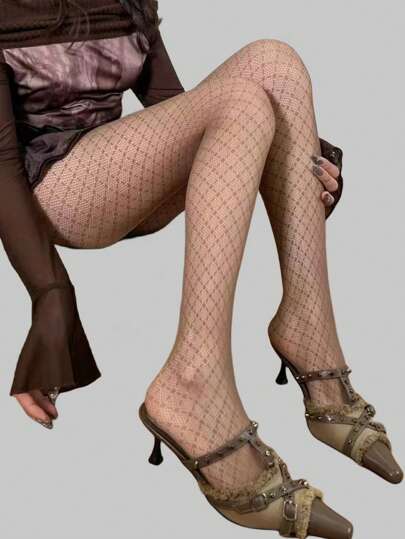 Goth 1pair Women's Coffee Color Small Rhinestone  Net Fishnet Stockings, All Seasons
