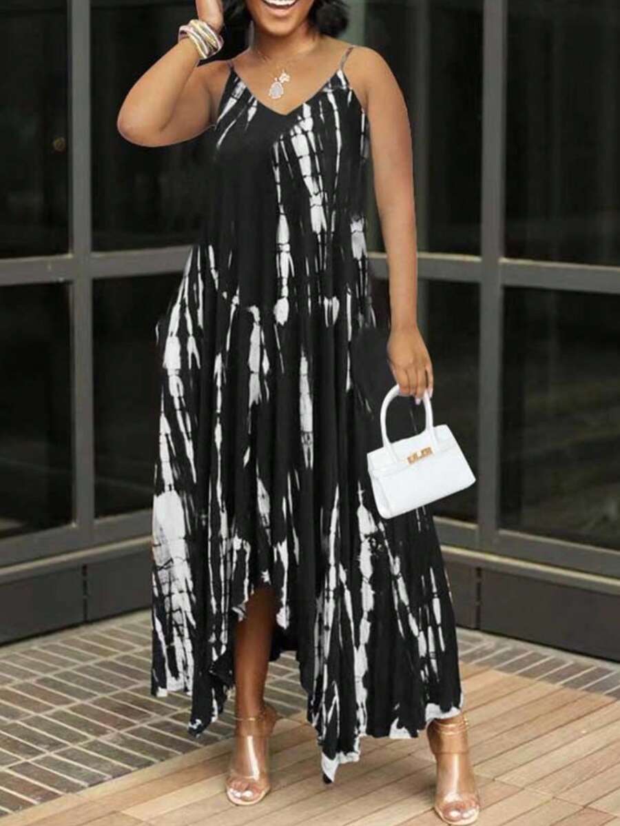 INAWLY 大码女式时尚黑白拼色不对称下摆吊带连衣裙 - 黑色 - 查看 1