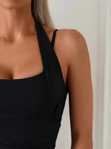 SHEIN Swim 夏季海灘女性純色綁結領口坦克泳衣上裝和游泳短褲