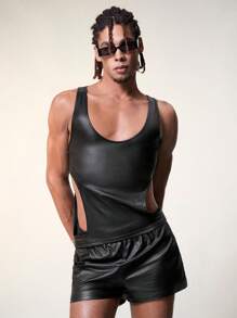 FeverCity Men's Sleeveless Stretchy Faux Leather Side Split Tank Top And Shorts Set - Black - View 1