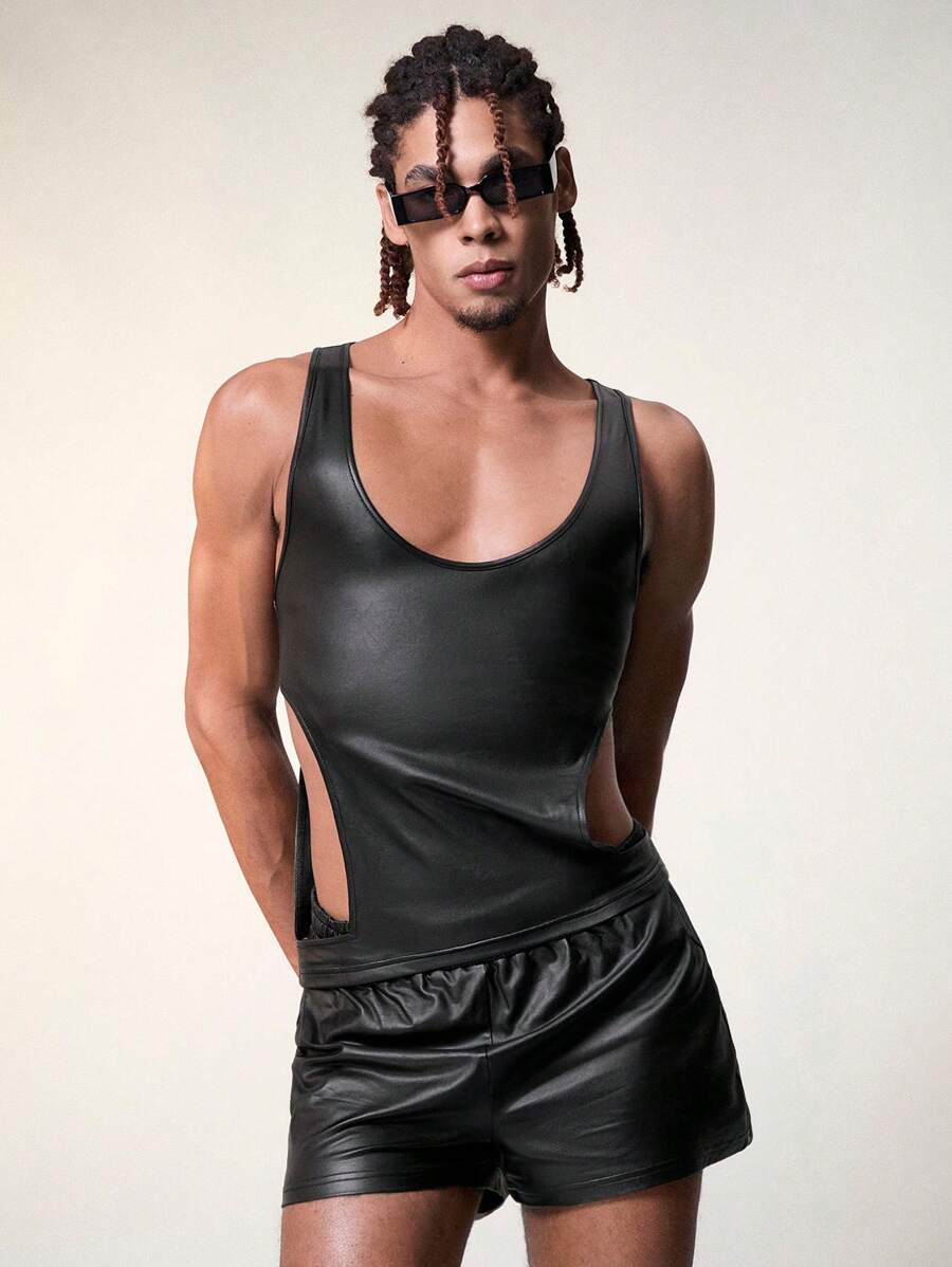 FeverCity Men's Sleeveless Stretchy Faux Leather Side Split Tank Top And Shorts Set - Black - View 1