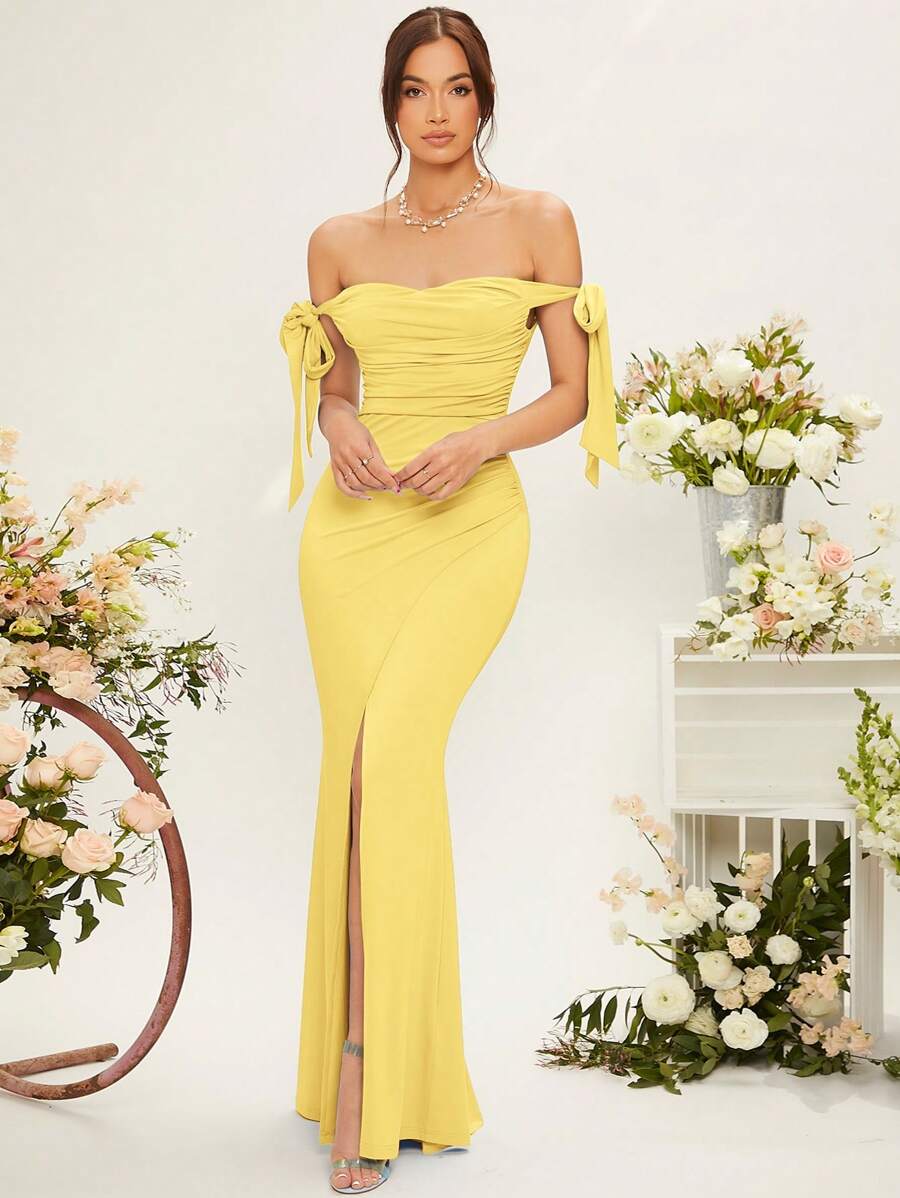SHEIN Belle Váy phù dâu tay phồng trễ vai có chi tiết nút thắt dành cho nữ - Màu vàng - Xem 1