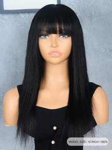 180% Density Straight Human Hair Wig With Bangs 16-18 Inch Natural Black Remy Scalp Top Full Machine Made Wigs For Women Daily Use - SNatural - View 2
