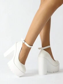 Round Toe Chunky Heeled Ankle Strap Pumps, Stylish White Solid Color Ankle Strap Women's High Heel Shoes - White - View 3