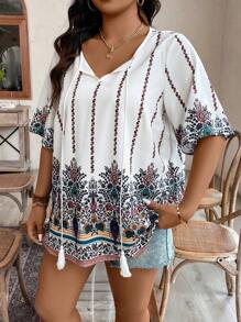 SHEIN Holidaya Của phụ nữ Kích thước lớn In Áo sơ mi Với Viền tua Bib & Buộc Đồ trang trí - Nhiều màu - Xem 4