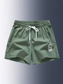 Men's Letter Print Pocket Casual Loose Drawstring Waist Shorts