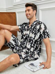 Men's Printed Button Down Short Sleeve Top And Shorts Homewear Set - Black - View 1