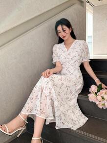DAZY 女士V领荷叶边短袖碎花连衣裙 吊带裙 度假装 女式连衣裙 波西米亚风 - 白色 - 查看 3