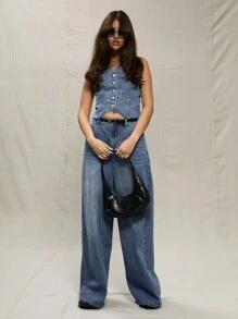 MUSERA 西部中洗牛仔背心，90 年代春季可爱夏季音乐会假日 - 中等水洗藍 - 查看 4