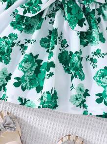 Baby Girl Short Flutter Sleeve Dress With Ribbed Collar And Floral Print Panel - Dark Green - View 6