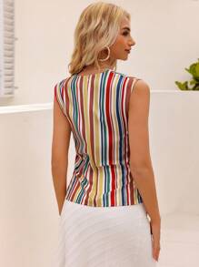 GENKIRA Color Block Striped & Printed Sleeveless Shirt With Asymmetric Hem - Multicolor - View 2