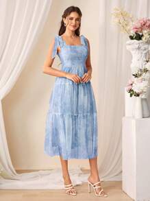 SHEIN Belle Váy dây mảnh in lưới tương phản - Màu xanh lam - Xem 1