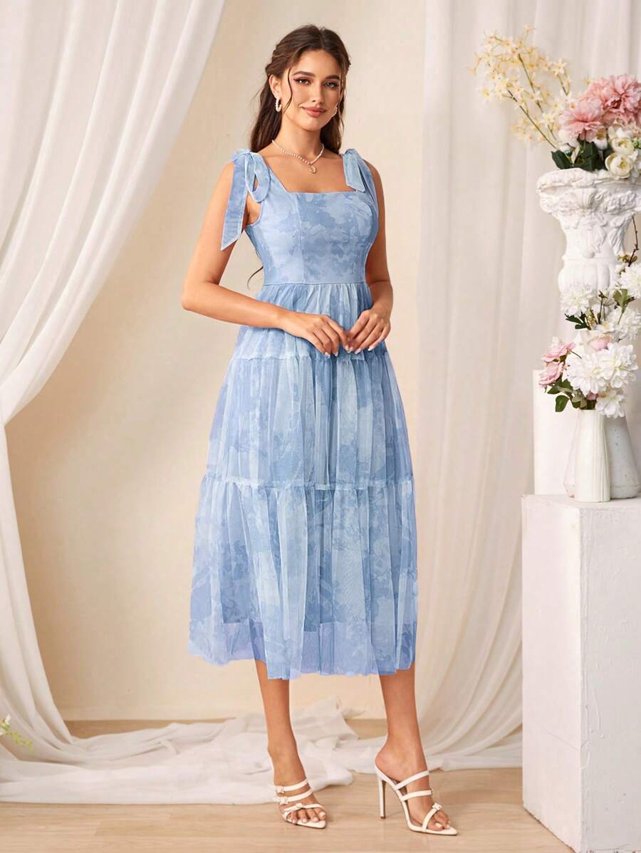 SHEIN Belle Váy dây mảnh in lưới tương phản - Màu xanh lam - Xem 1