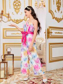 SHEIN Leap Crew 少女花卉印花休閒連身褲，褶邊下擺和大蝴蝶結裝飾 - 粉色 - 查看 4