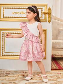 SHEIN Ensemble Haut Et Jupe En Patchwork De Jacquard Floral À Volants Pour Jeune Fille - Rose bonbon - Voir 1