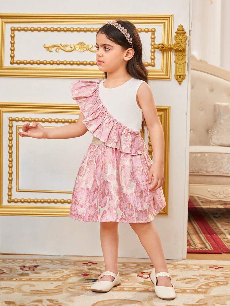 Young Girl Patchwork Ruffle Trim Floral Jacquard Top And Skirt Set