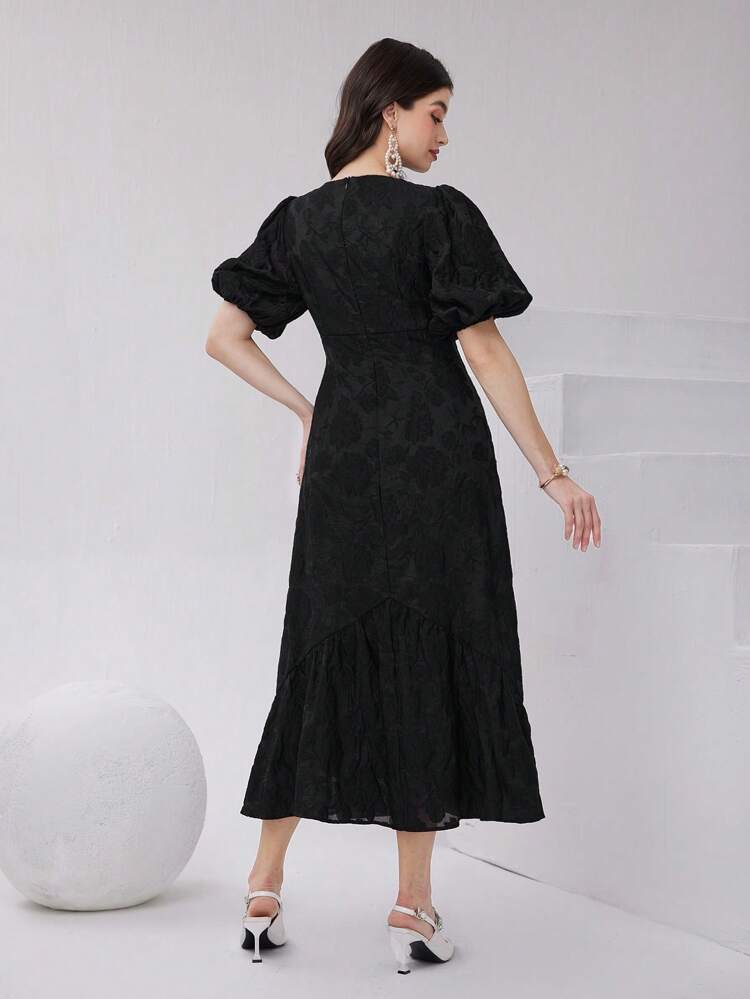 Ladies' Solid Color Jacquard Bubble Sleeve Front Buttoned Dress Long Evening Dresses