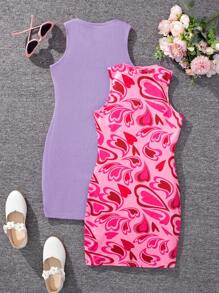 SHEIN Tween Girl Sporty Street Style Knitted Heart Print Round Neck Sleeveless Dress 2pcs/Set - Mauve Purple - View 2